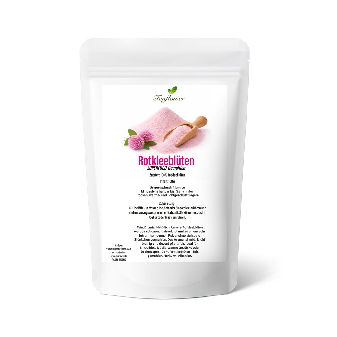 Gemahlene Rotkleeblueten als feines Pflanzenpulver mit mild blumigem Aroma fuer Smoothies Muesli und Getraenke