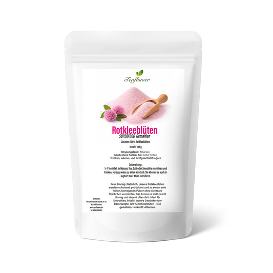 Gemahlene Rotkleeblueten als feines Pflanzenpulver mit mild blumigem Aroma fuer Smoothies Muesli und Getraenke