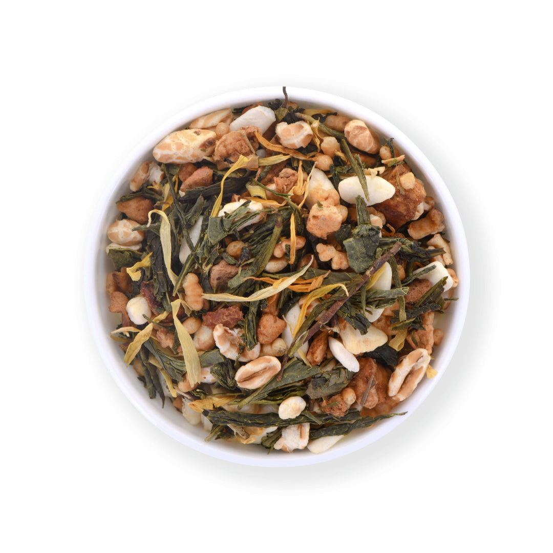 Toasted Hazel Genmaicha mit Grüntee, geröstetem Reis, Karamell und feiner Haselnussnote.
