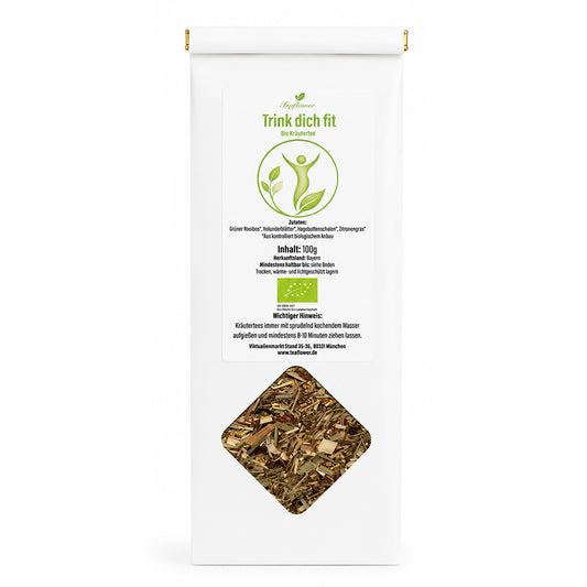 Kräutertee mit grünem Rooibos, Holunderblüten und Zitronengras in milder Mischung.