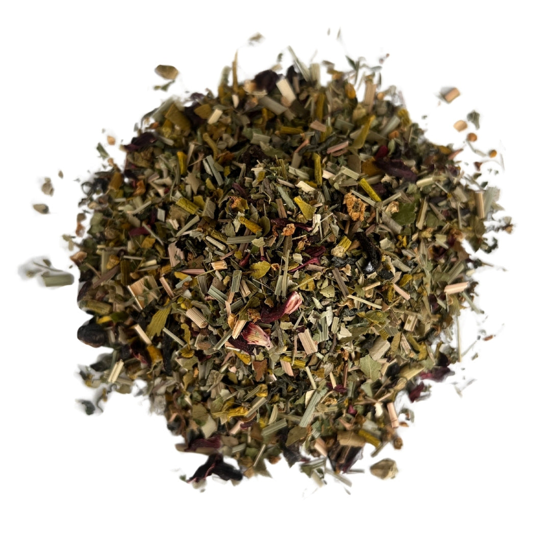 Vital-Kräutertee Mischung mit Mistelkraut, Weißdorn, grünem Tee und Hibiskus – loser Kräutertee fein abgestimmt