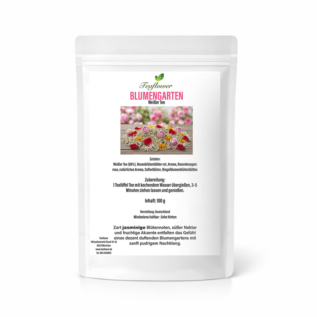 Aromatisierte Weißtee- und Blütenmischung Blumengarten mit Rosenblüten, Saflor und Ringelblumenblättern