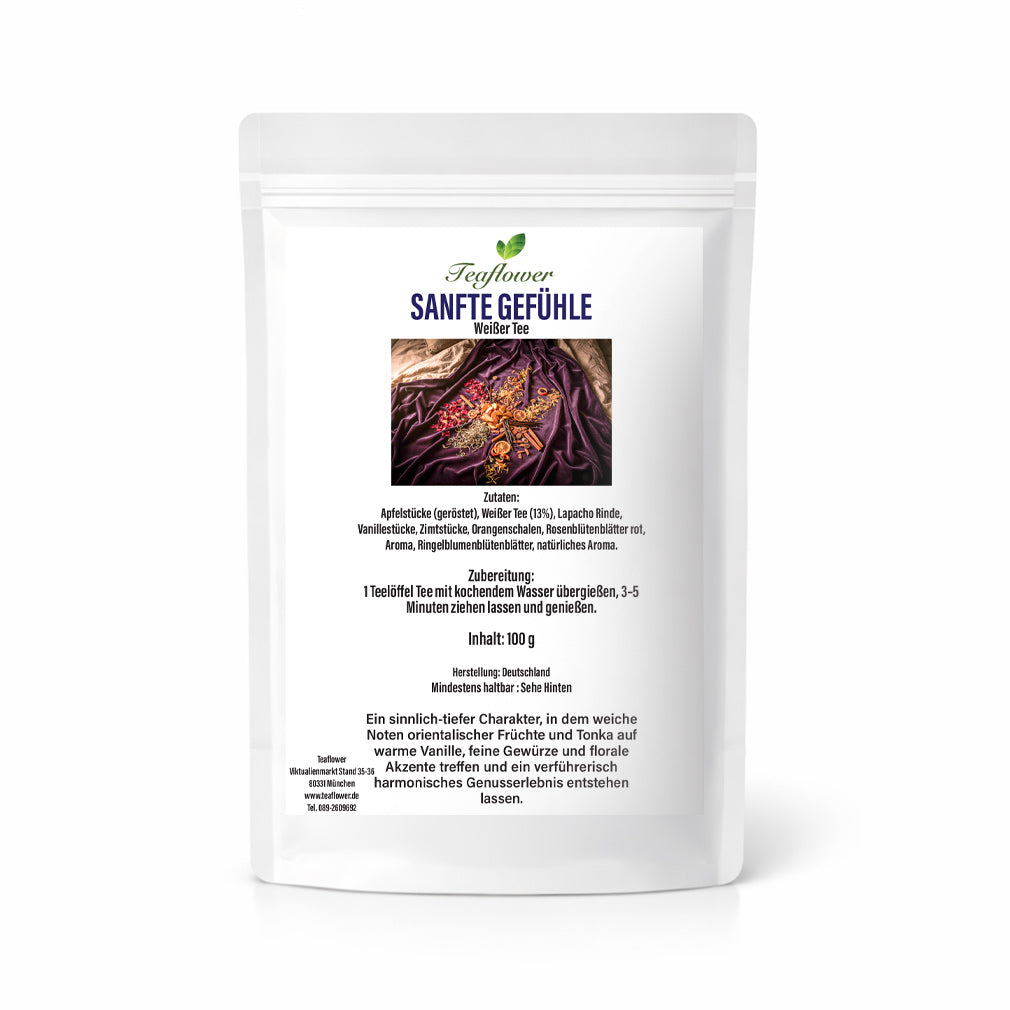 Aromatisierte Weißtee- und Früchtemischung Sanfte Gefühle mit Vanille, Zimt, Orange und floralen Akzenten