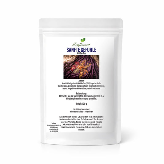 Aromatisierte Weißtee- und Früchtemischung Sanfte Gefühle mit Vanille, Zimt, Orange und floralen Akzenten